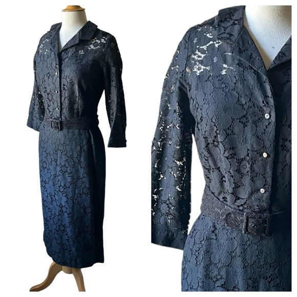 Vintage 1950s Sir James Black Lace Sheath Midi Dress - Medium - Picture 5 of 9